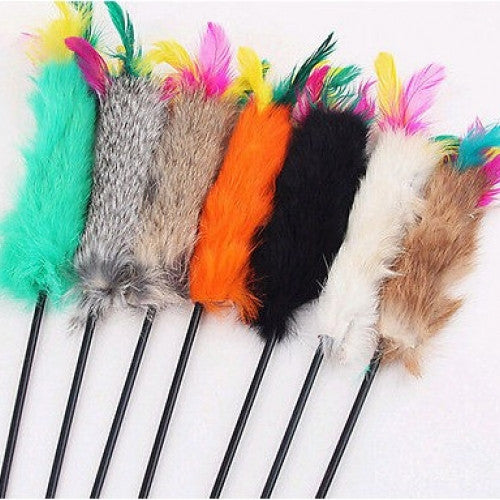 Pet Play Toy - MultiColor Funny Cat Kitty Kitten Feather Teaser Wand